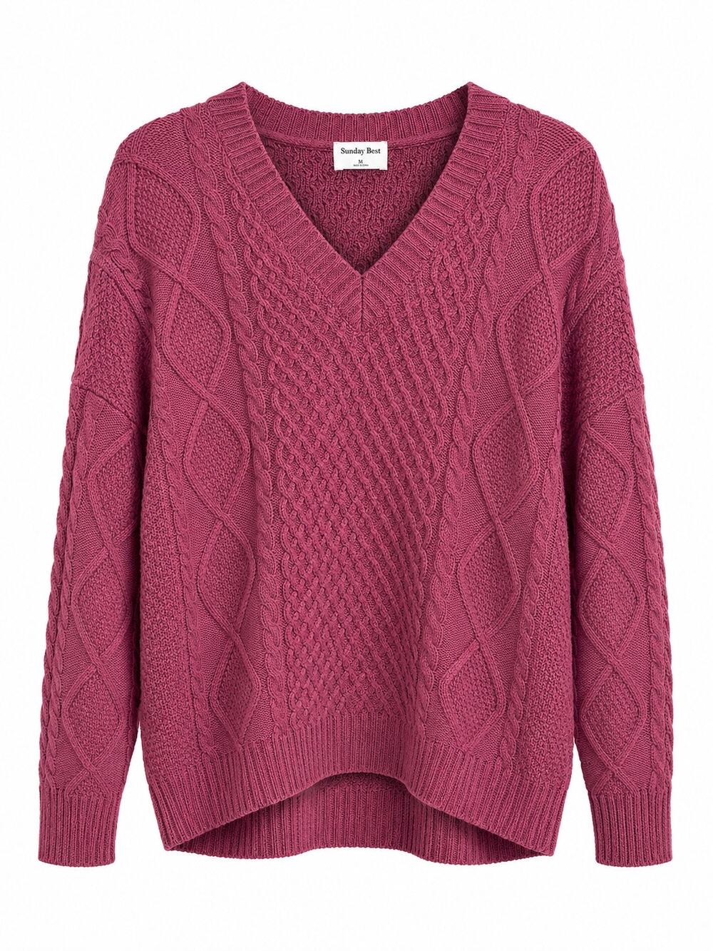 Aritzia Sunday Best Peggy V Neck Sweater XL Merino Wool Cable Knit Burgundy